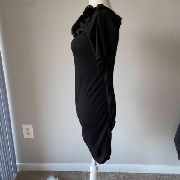 Women's One Shoulder Flower Ruched Detail‎ Bodycon Mini Black Dress MEDIUM - Picture 3 of 4